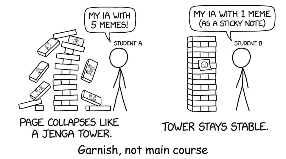 Jenga tower collapses from too many memes; stable tower with one meme note
