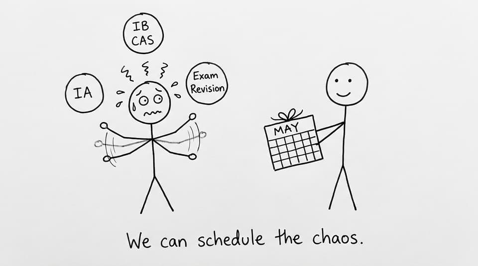 Student juggling IA, IB CAS, and exam revision while parent offers a calendar