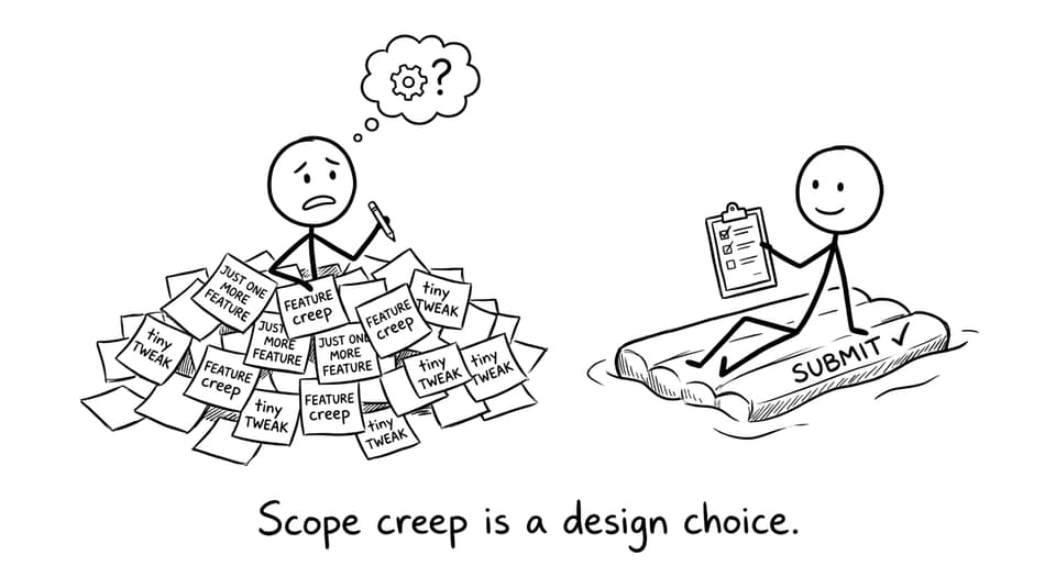 Two students: one sinking in sticky-note scope creep, one floating with a checklist