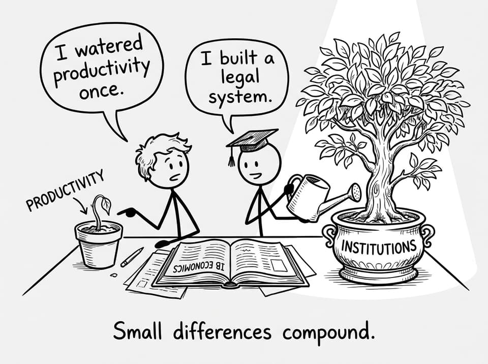 Students debating growth drivers in a comic