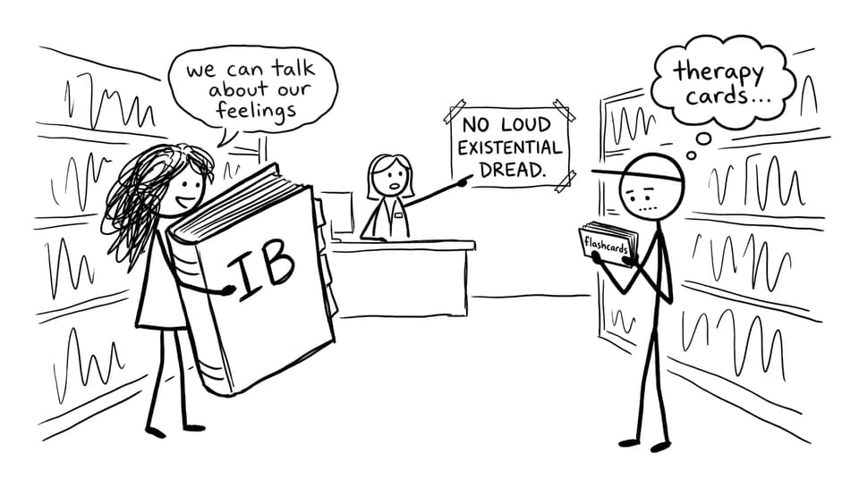 Two students treating flashcards like therapy cards