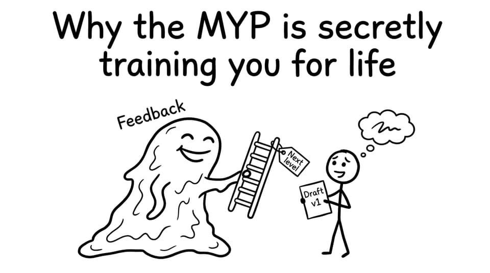 Friendly feedback monster giving a ladder