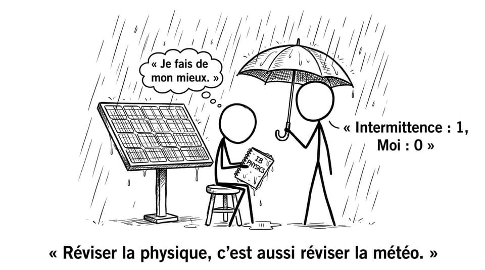 Élève et panneau solaire sous la pluie