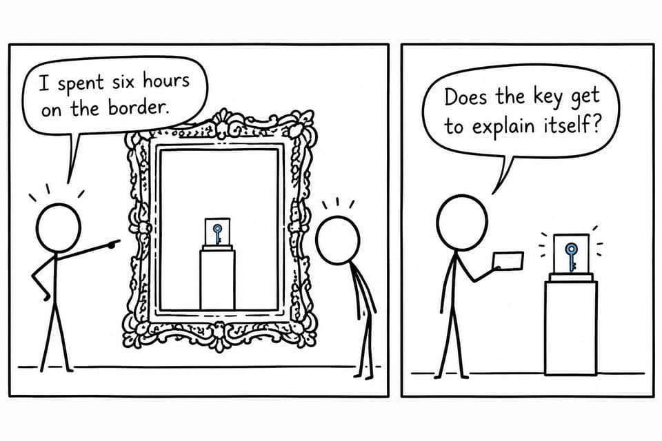 Two students discuss an enormous decorative frame surrounding a tiny key
