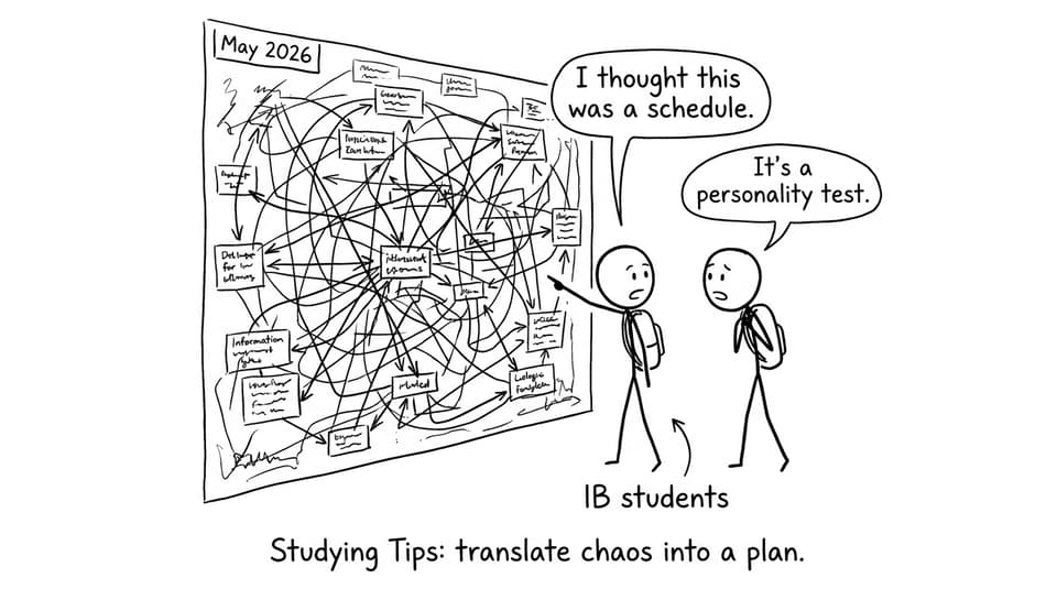 Two students stare at a wall-sized timetable like spaghetti.