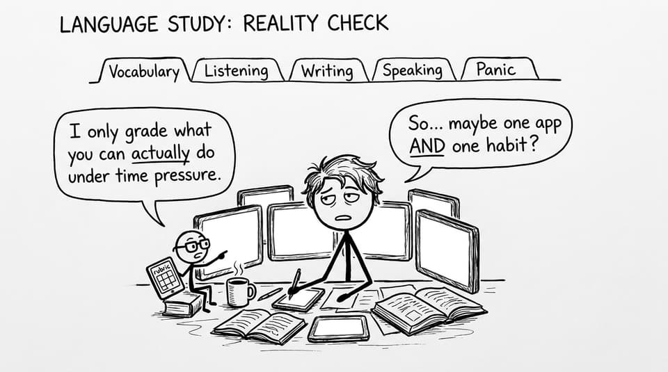 An overwhelmed IB student multitasking language tools