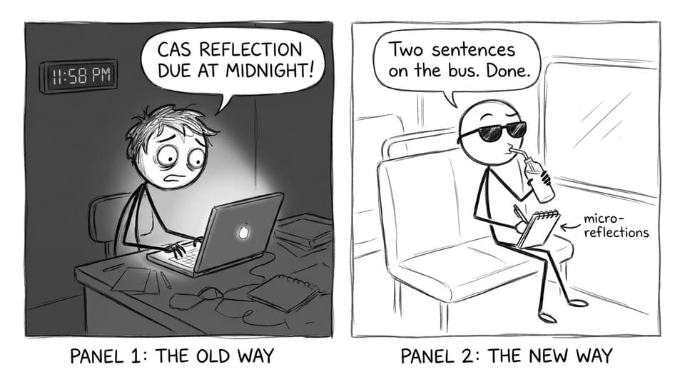Two-panel comic: midnight CAS reflection panic vs calm micro-reflection on a bus
