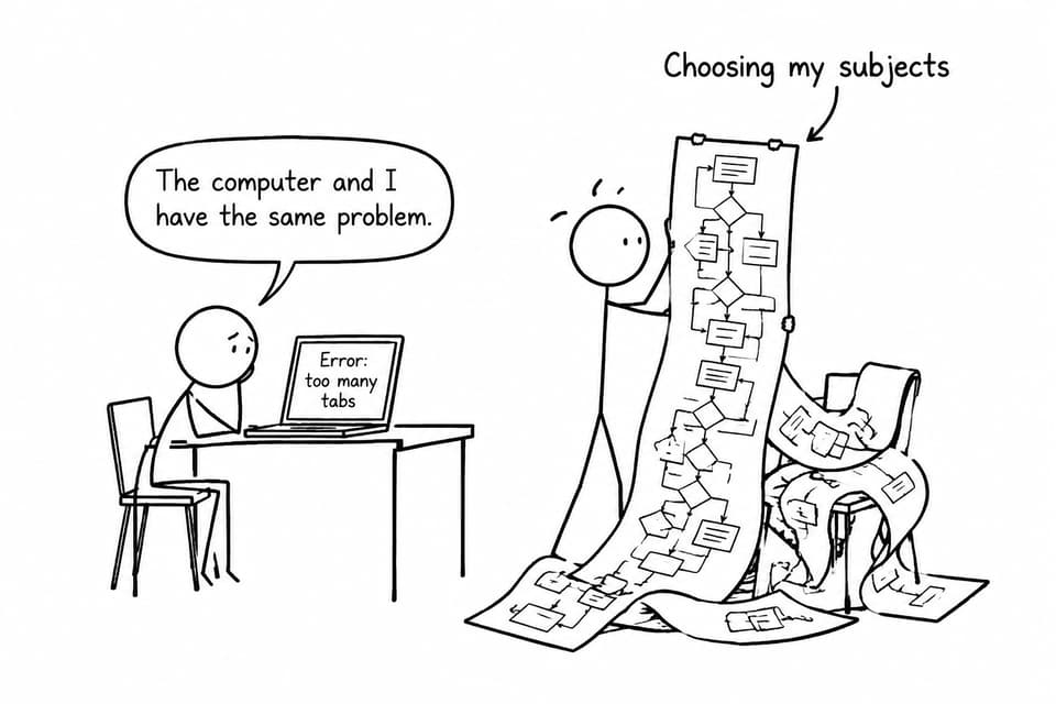 A student at a laptop tangled in an overgrown subject-choice flowchart