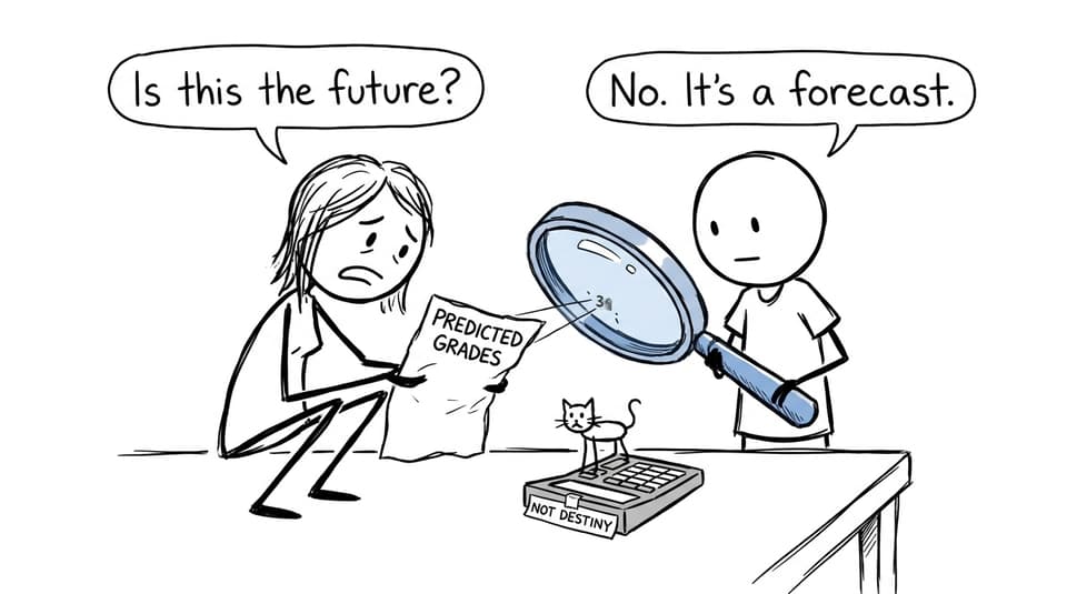 A parent asks whether predicted grades are the future while a student explains that they are a forecast