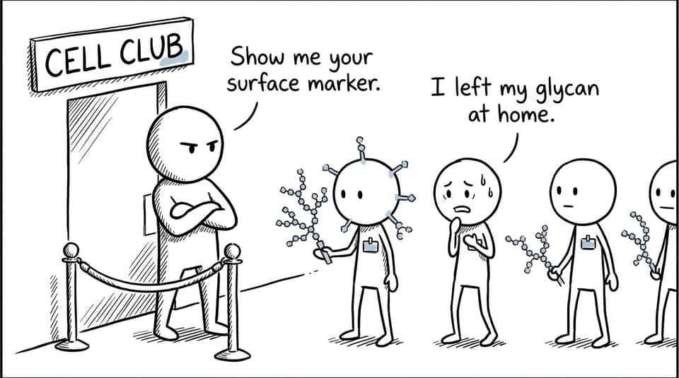 A cell tries to enter Cell Club without its glycan ID badge