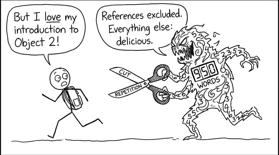 Word-count monster chasing a student with scissors