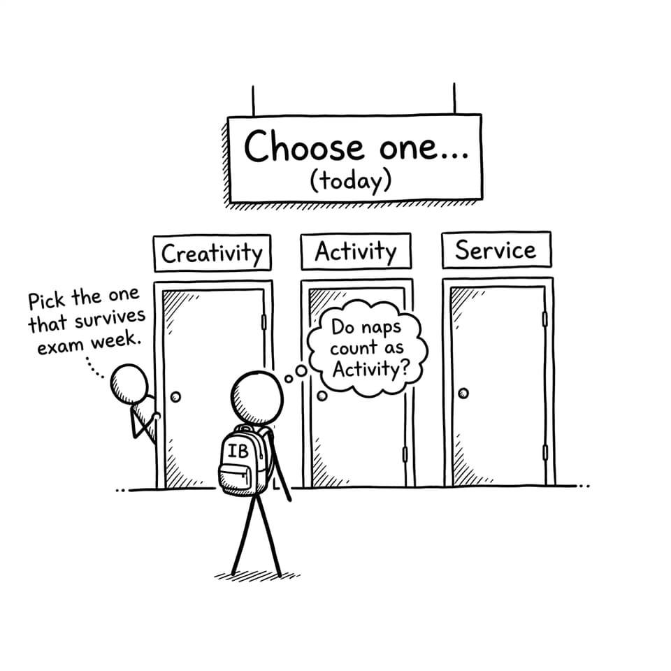 Three doors labeled Creativity, Activity, Service