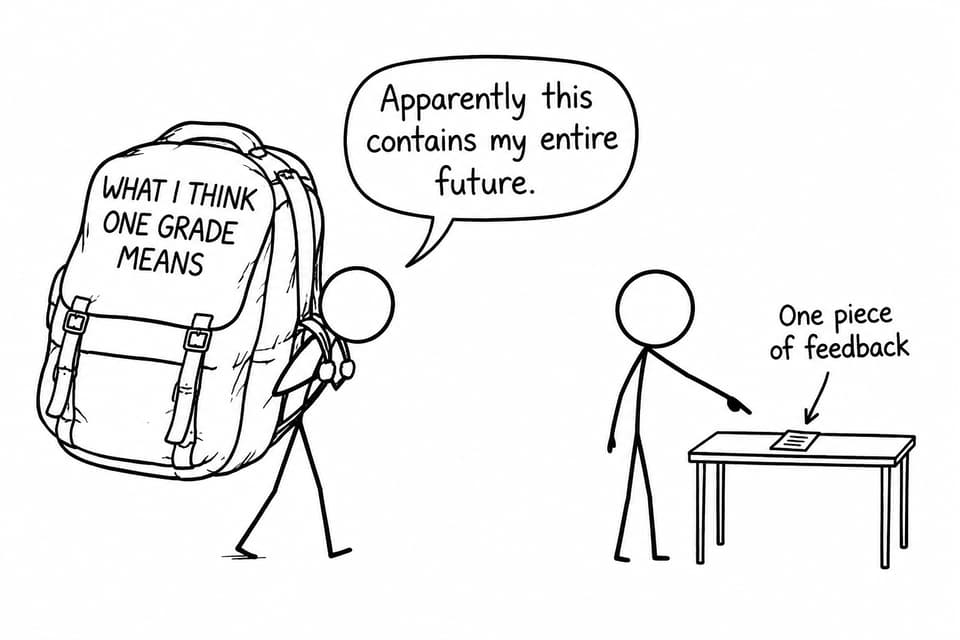 A student carries an enormous backpack representing the meaning attached to one grade while a teacher points to a single piece of feedback