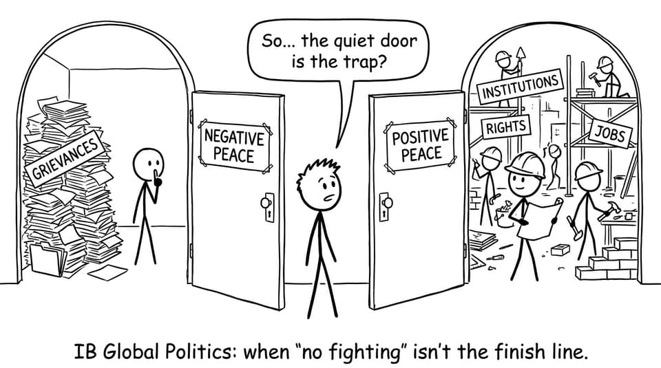 Student choosing between “Negative Peace” and “Positive Peace” doors