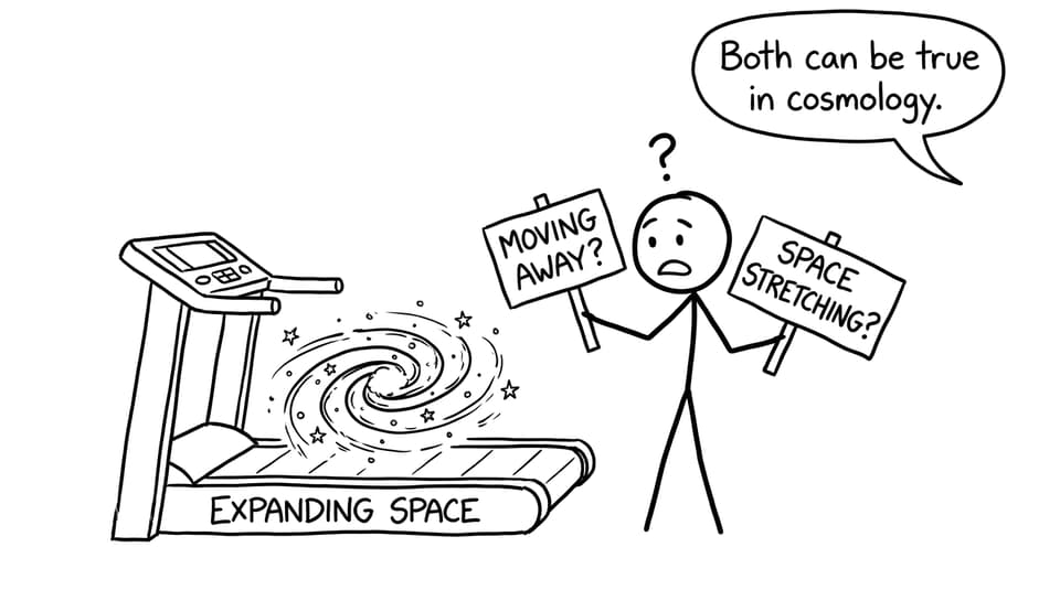 Galaxy on treadmill labeled “expanding space”