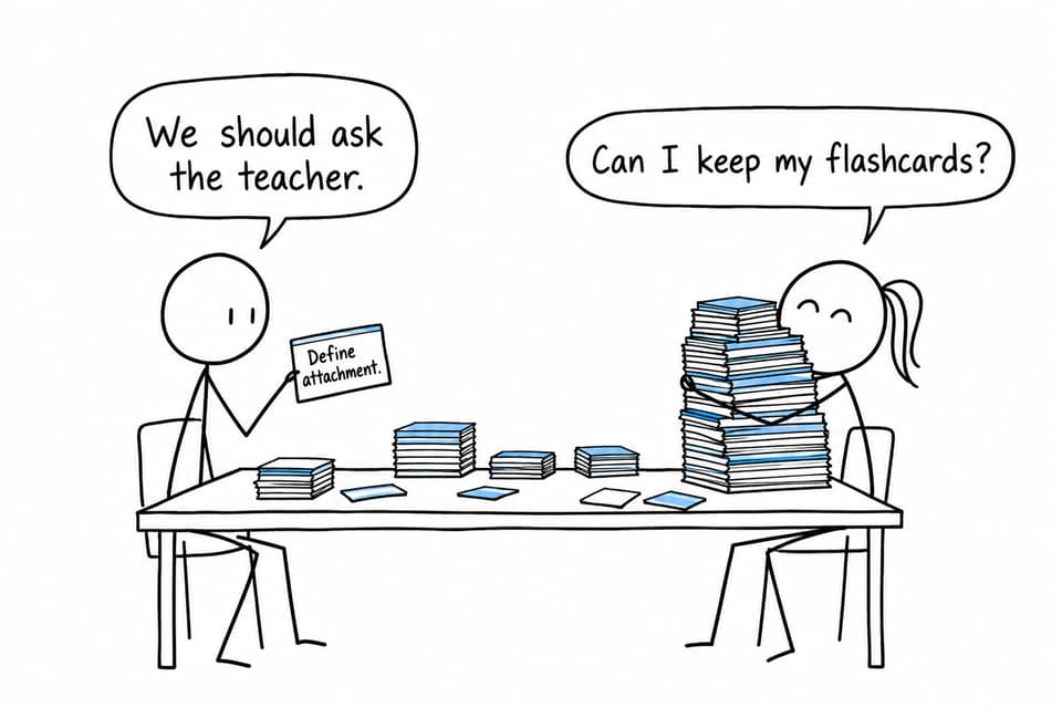 Two students discuss attachment while one clings to an enormous pile of revision cards