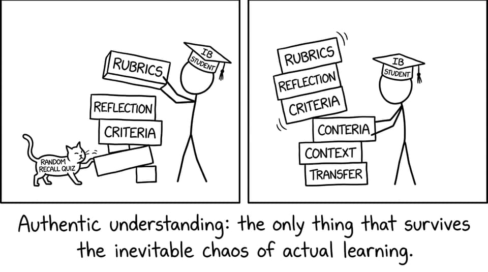 Stick-figure tower of blocks titled authentic understanding surviving chaos
