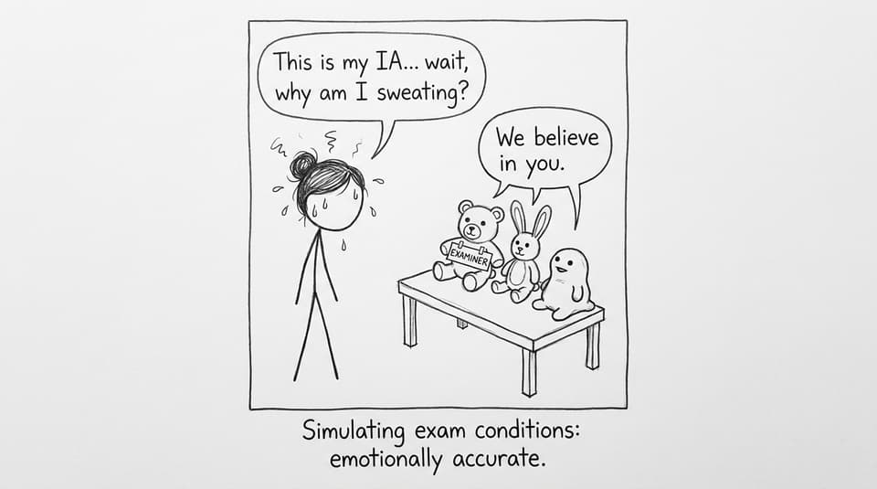 Student practices an oral with stuffed-toy examiners