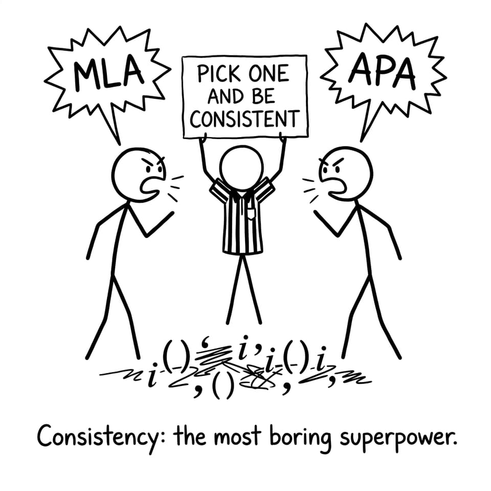 Three students argue APA vs MLA while a referee demands consistency