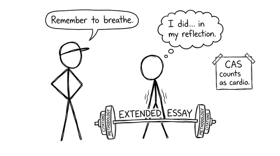 A barbell labeled Extended Essay at the “stress gym”