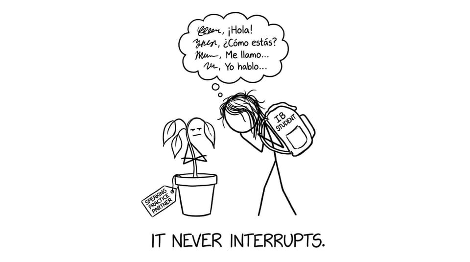 A student practicing Spanish with a houseplant