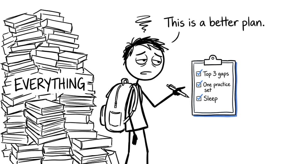 A student chooses three focused tasks instead of studying everything
