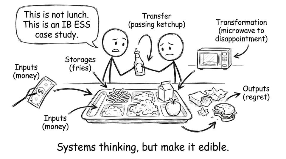 Two students stare at a cafeteria tray and label it as an IB ESS system