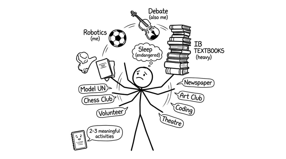 Stick-figure student juggling clubs and sleep