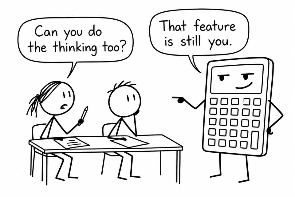 Two students face a talking calculator that reminds them mathematical thinking remains their responsibility.