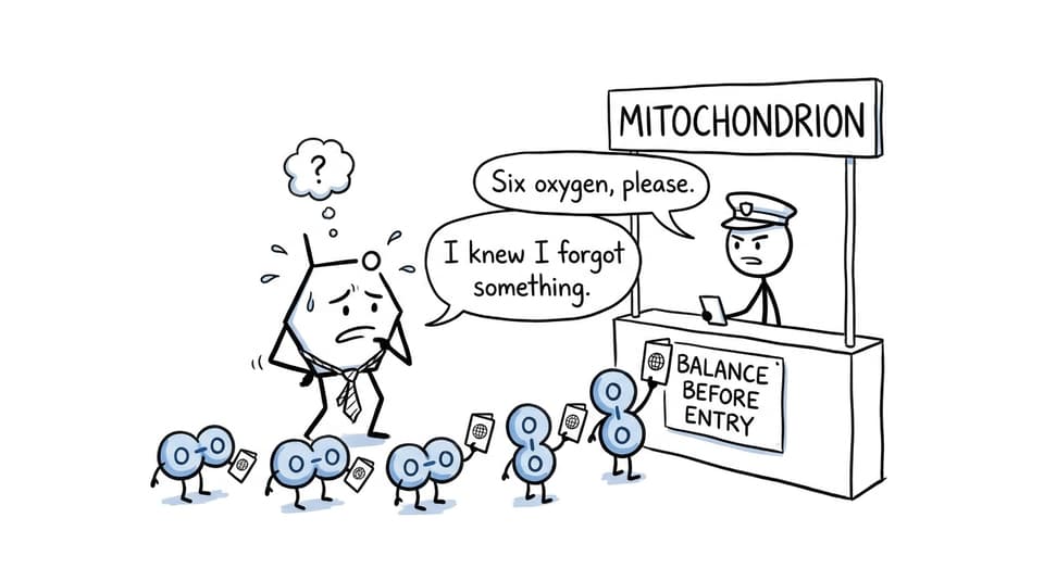 A glucose molecule forgetting to bring six oxygen molecules to mitochondrial security
