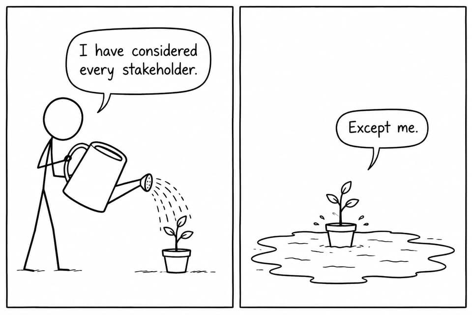 A student considers every stakeholder while overlooking the plant standing in a puddle