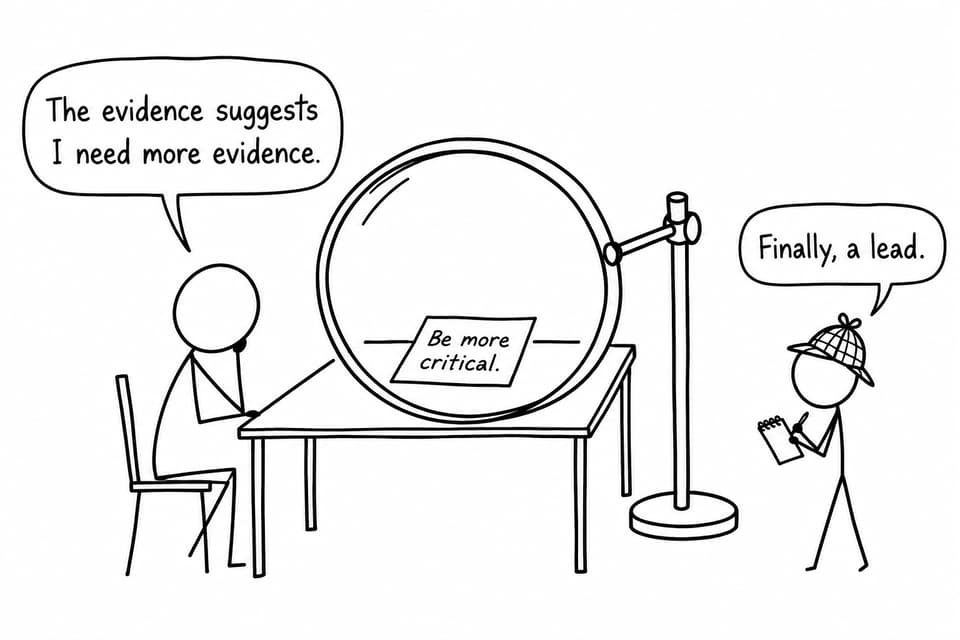 A student and a detective examine a teacher comment under an enormous magnifying glass