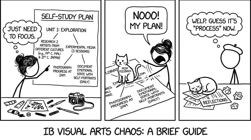 A student self-studying IB Visual Arts with a chaotic flowchart and a cat ruining the plan
