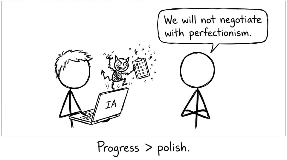 A student negotiates with perfectionism while the IA gremlin throws confetti