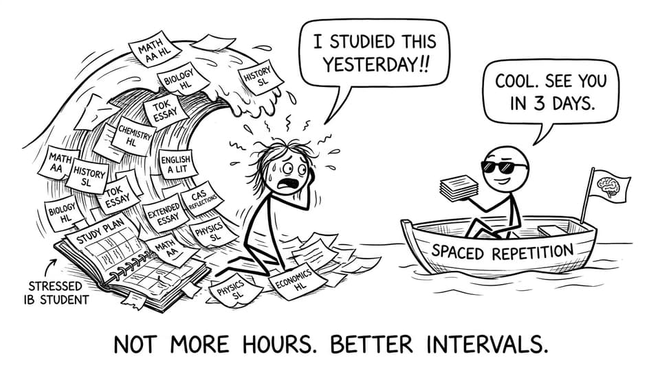 Spaced repetition comic: sticky note tidal wave vs lifeboat