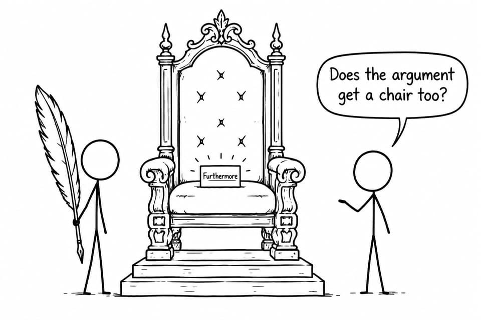 Two students question whether a grand throne for the word Furthermore matters more than the argument