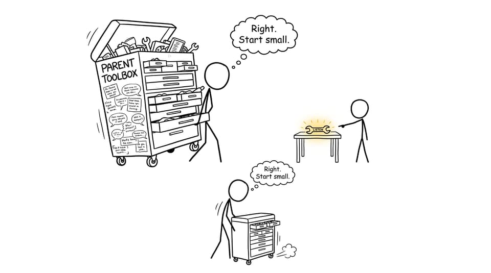 A parent puts down an enormous advice toolbox after noticing the smaller listening tool