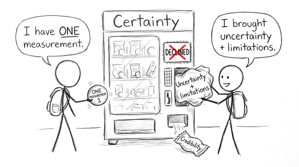 A vending machine labeled “Certainty” rejects “one data point” but accepts “uncertainty + limitations” and dispenses “credibility”