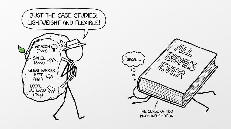 Backpack of case studies vs encyclopedia of all biomes