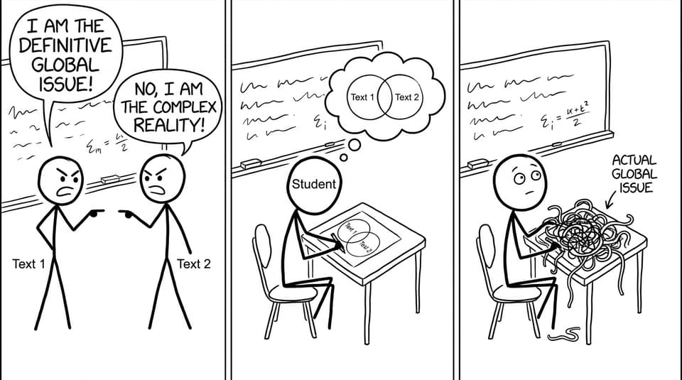 Two texts arguing while a student draws a messy Venn diagram