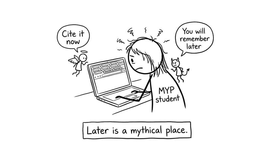 A stressed MYP student with 27 research tabs and an angel/devil arguing about citations