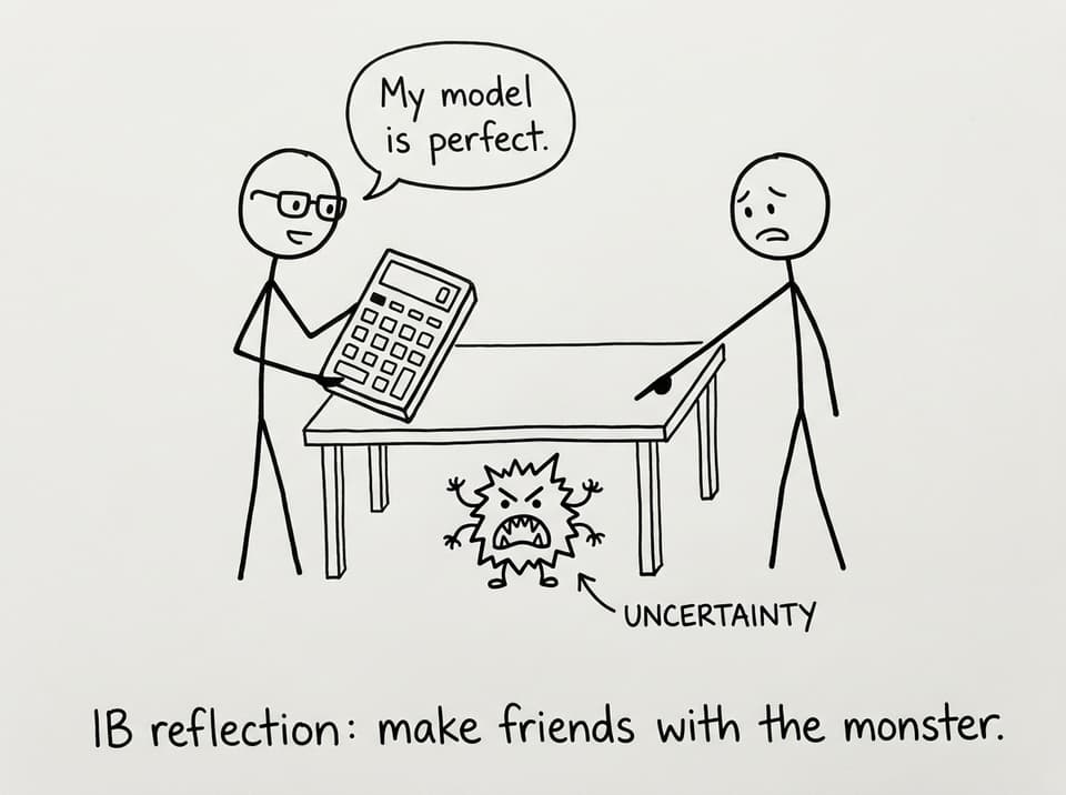 Two students argue over a calculator while UNCERTAINTY lurks