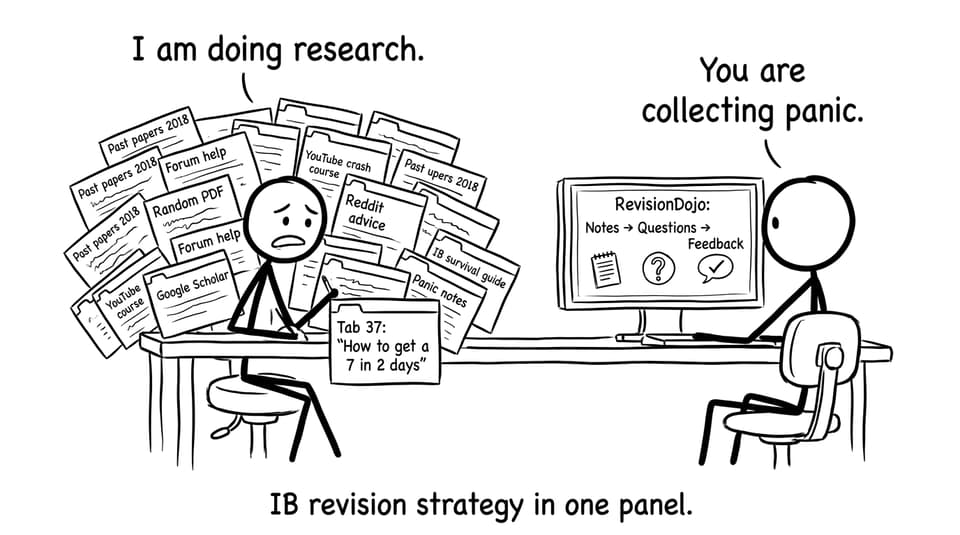 Two students: one with 37 chaotic tabs, one calm with RevisionDojo workflow.