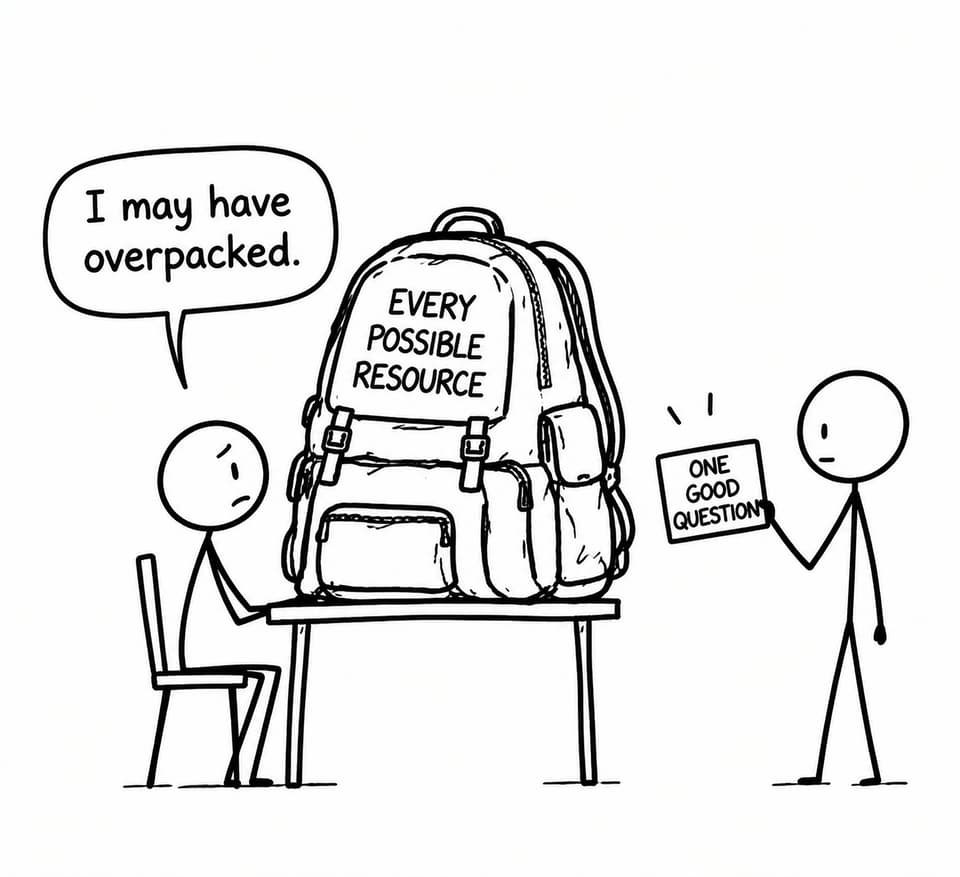 A student beside an enormous resource backpack while a mentor offers one focused question