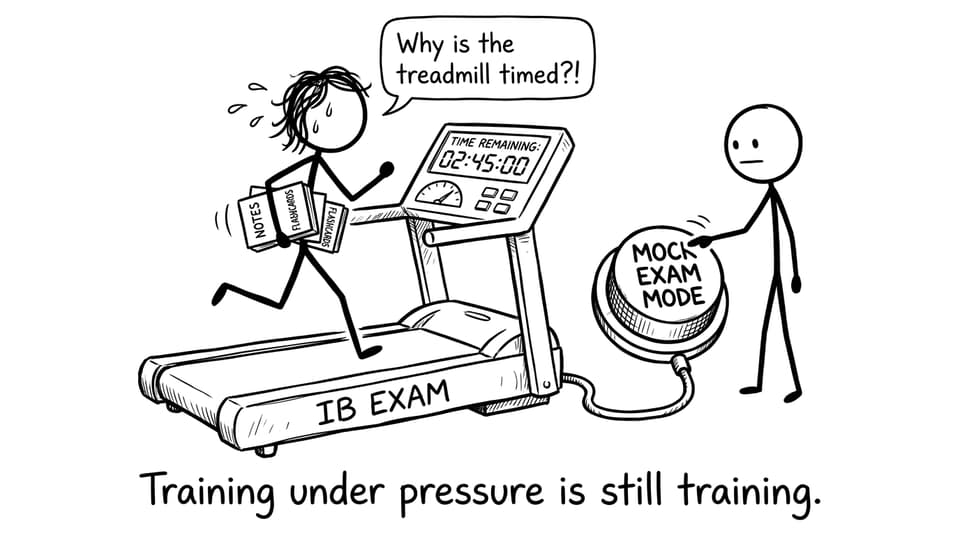 Stick figure treadmill labeled IB Exam with mock mode button