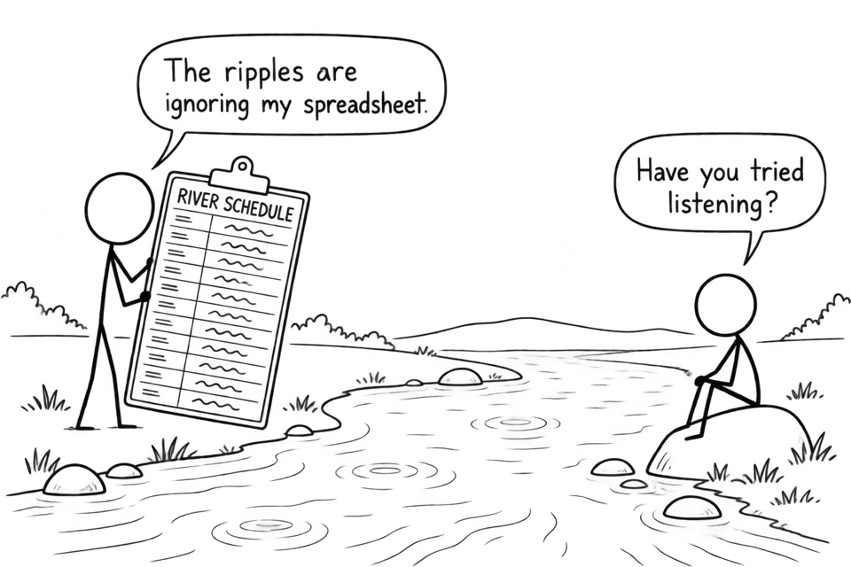 A student tries to schedule every ripple in a river while another suggests listening instead