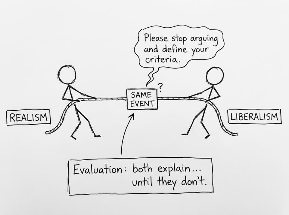 Two theories, one event, one evaluation