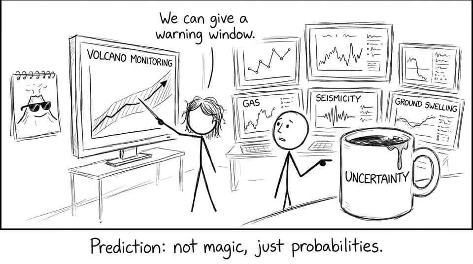 Volcano monitoring with a mug labeled uncertainty