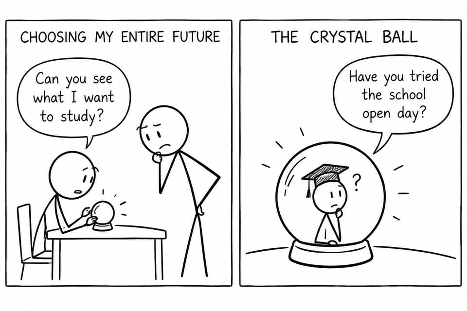 A student asks a crystal ball about future study plans, only to be advised to attend a school open day