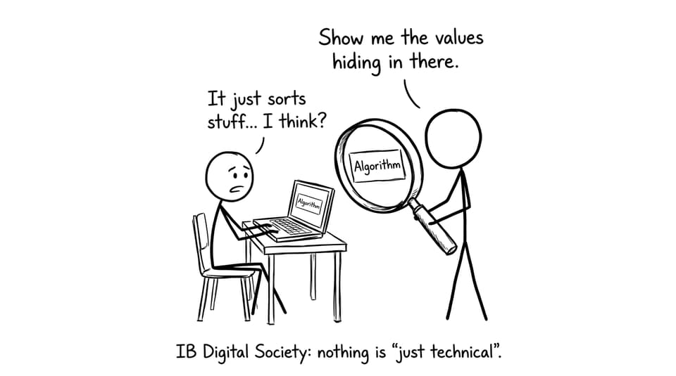 Stick figure examiner with magnifying glass over an algorithm box